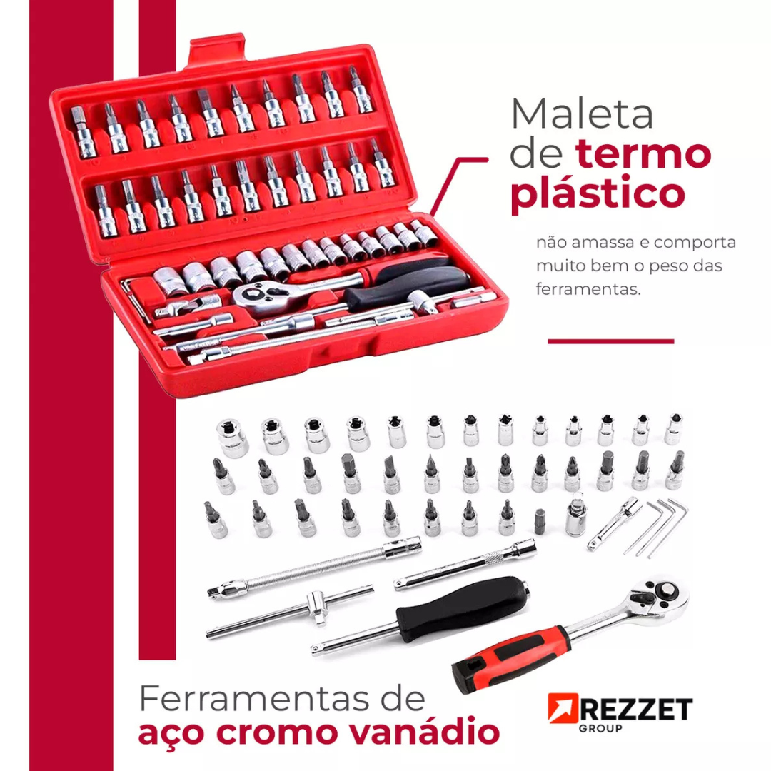 Kit Chave Jogo Soquete 1/4 46Pçs Aço c/ Maleta Catraca -  Prata/preto