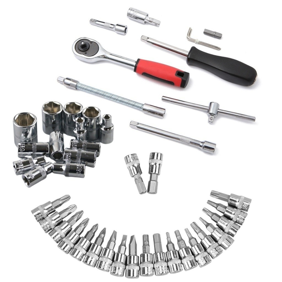 Kit Chave Jogo Soquete 1/4 46Pçs Aço c/ Maleta Catraca -  Prata/preto