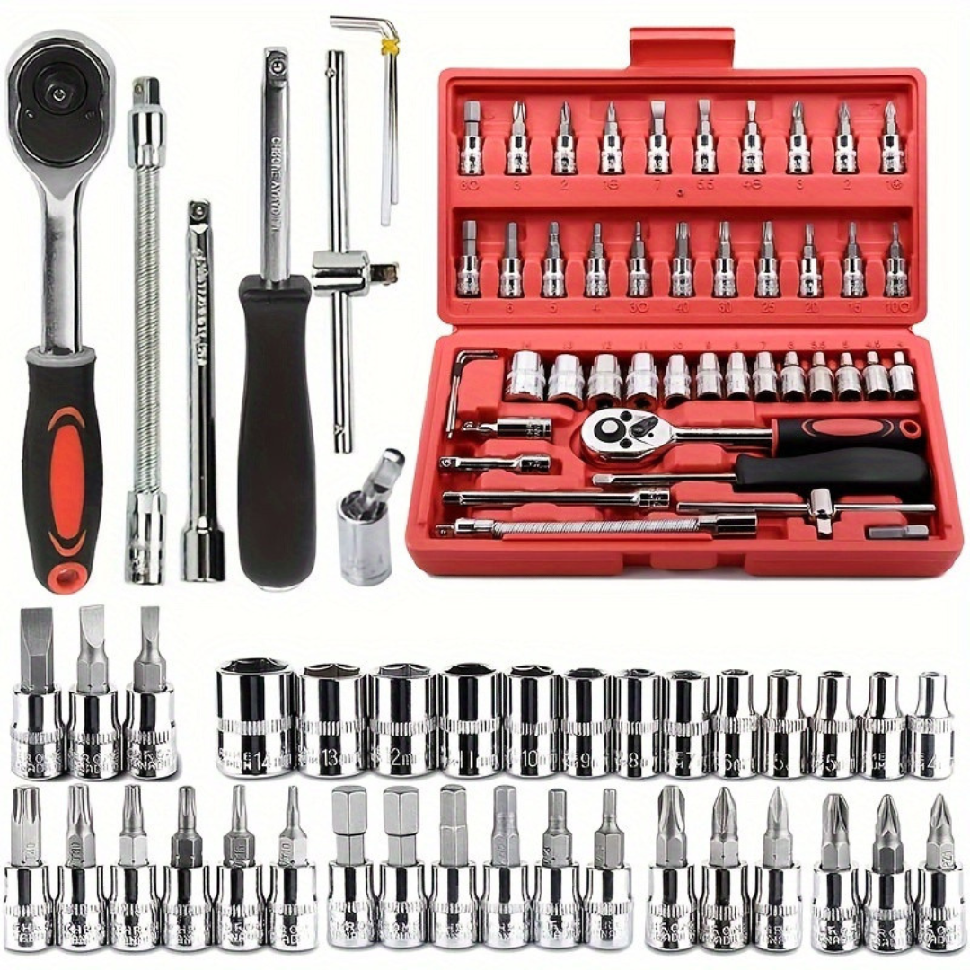 Kit Chave Jogo Soquete 1/4 46Pçs Aço c/ Maleta Catraca -  Prata/preto