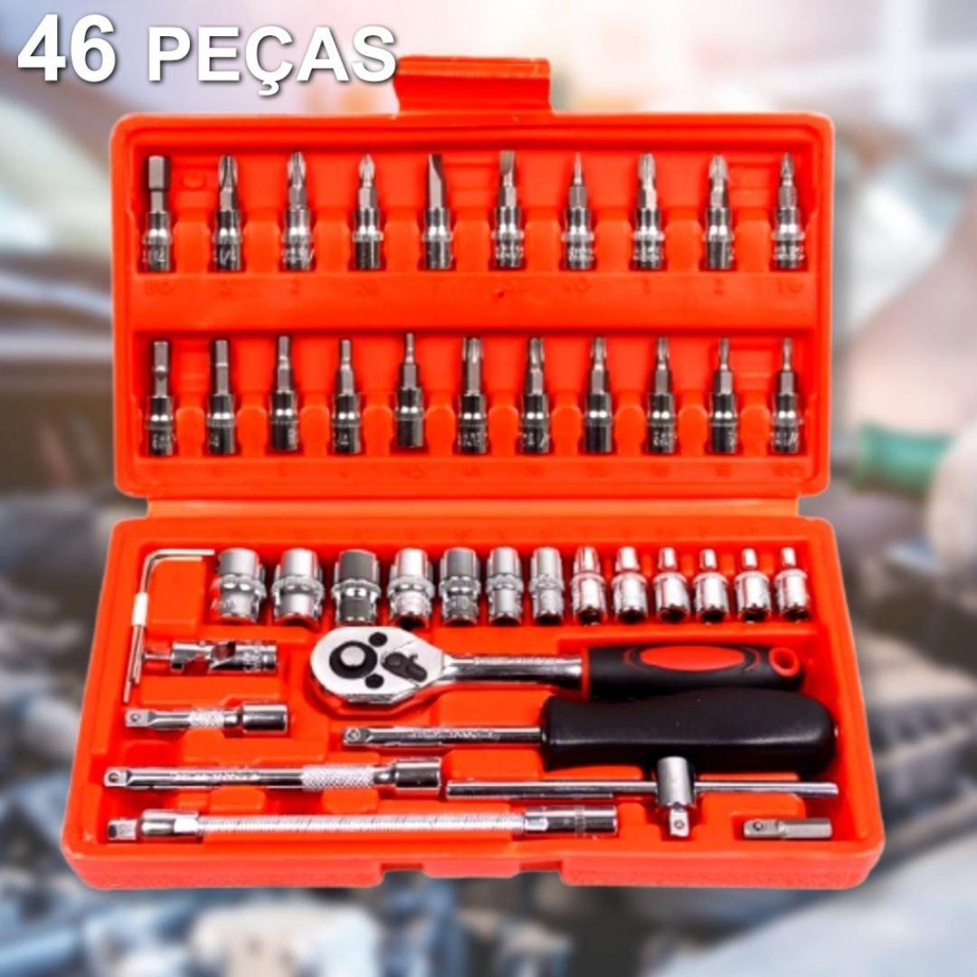 Kit Chave Jogo Soquete 1/4 46Pçs Aço c/ Maleta Catraca -  Prata/preto