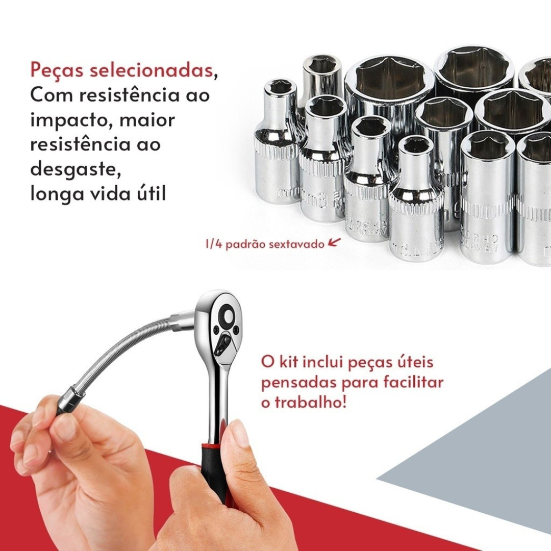 Kit Chave Jogo Soquete 1/4 46Pçs Aço c/ Maleta Catraca -  Prata/preto