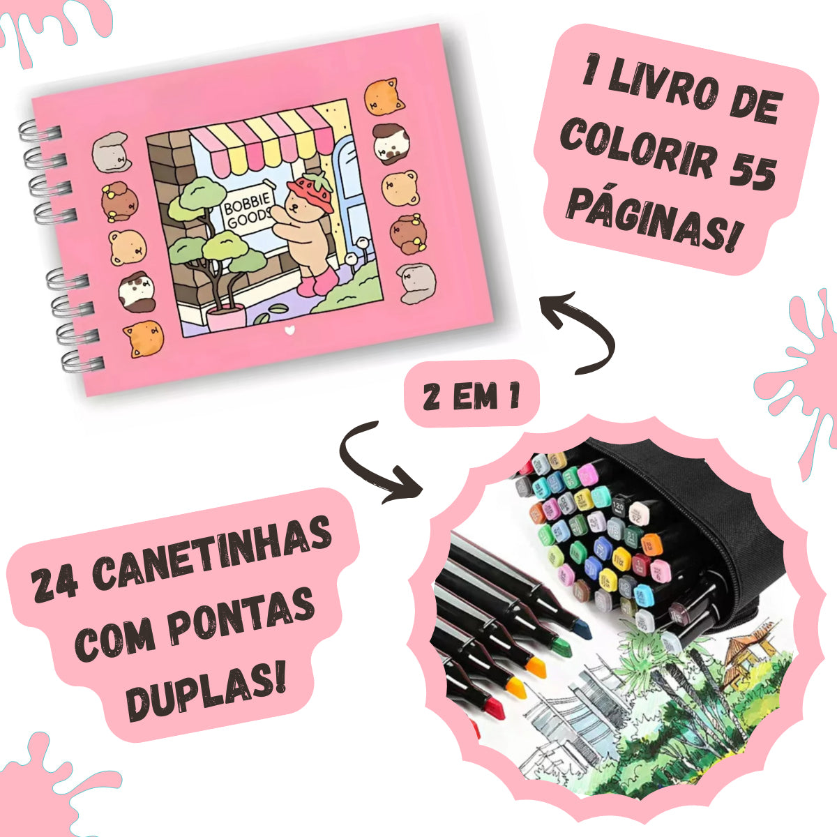 Kit Estojo de canetas + livro de colorir Bobbie Goods