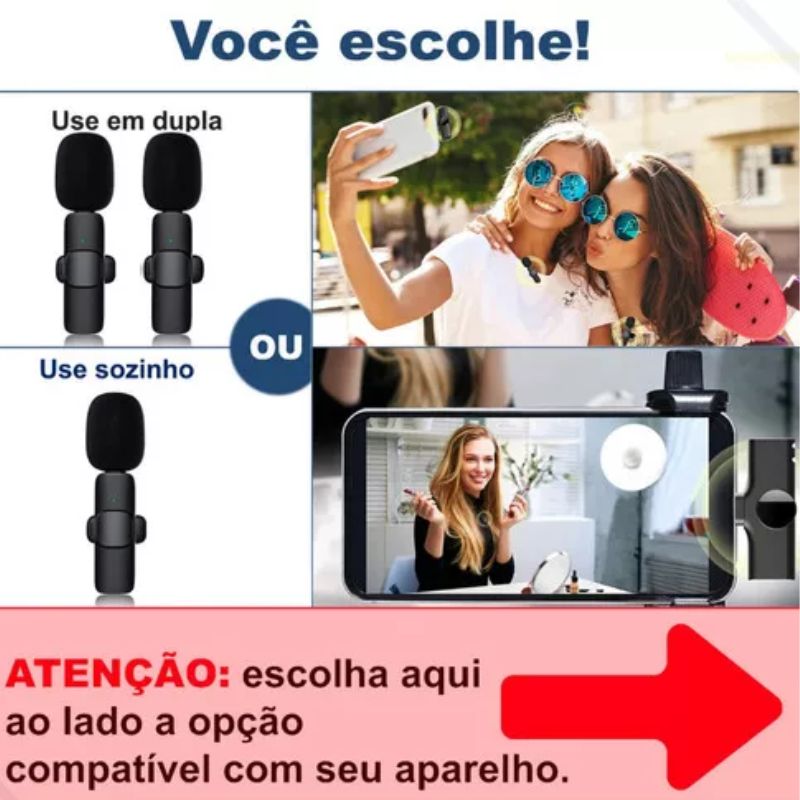 Microfone Lapela Celular Sem Fio Duplo Tipo C -Preto BM-221 TYPC